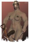 3d_(artwork) 5_fingers absurd_res animal_genitalia animal_penis anthro areola armor artist_logo artist_name balls big_balls biped black_areola black_hair black_lips black_nipples black_penis border breasts brown_eyes digital_media_(artwork) equine_genitalia equine_penis fingers genitals gradient_background grey_balls grey_body grey_breasts grey_tail gynomorph hair hard_hat headgear helmet hi_res holding_object horn intersex lips logo looking_at_viewer mammal muscular muscular_anthro muscular_gynomorph muscular_intersex navel nipples nude penis pink_background pupils rhinoceros s87 shovel simple_background solo standing tail tools white_border white_horn