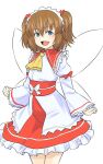  1girl ascot blue_eyes brown_hair commentary fairy_wings fang frills headdress highres kakone long_sleeves looking_at_viewer one-hour_drawing_challenge open_mouth simple_background skin_fang solo sunny_milk touhou two_side_up white_background wings yellow_ascot 