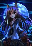  animal_ears breasts brooch brown_eyes brown_hair cleavage cloud collarbone full_moon grass imaizumi_kagerou janne_cherry jewelry long_hair long_sleeves looking_at_viewer medium_breasts moon moonlight night night_sky seiza shirt sitting sketch skirt sky sleeves_past_wrists smile solo star_(sky) touhou white_shirt wolf_ears 