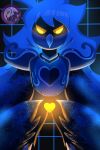2:3 absurd_res angry anthro armor avian bangs beak bird blue_body blue_hair breastplate cosmic_wings female geometric_background glowing glowing_eyes grid_background hair heart_symbol hi_res long_hair looking_at_another looking_down martlet_(zenith_form) pattern_background pauldron simple_background solo soul_(undertale) star theglitchedowl undertale_(series) undertale_yellow yellow_eyes