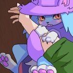 blush chio clinging clothing felid feline female first_person_view hat headgear headwear humanoid katress looking_at_viewer male male_pov mammal on_ground open_mouth pal_(species) palworld pawpads paws pocketpair solo witch_hat