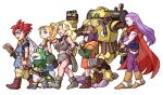  3girls absurdres artist_request ayla_(chrono_trigger) chrono_trigger closed_mouth crono_(chrono_trigger) frog_(chrono_trigger) full_body glasses headband helmet highres jewelry long_hair lucca_ashtear magus_(chrono_trigger) marle_(chrono_trigger) multiple_boys multiple_girls navel open_mouth ponytail robo_(chrono_trigger) robot short_hair simple_background smile spiked_hair weapon white_background 