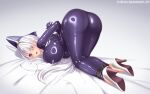  1girl azur_lane blush bodysuit breasts diving_suit dress hair_over_one_eye highres impossible_bodysuit impossible_clothes large_breasts latex latex_bodysuit legbinder long_dress long_hair looking_at_viewer mermaid_costume mermaid_dress midnight_(banyex) on_bed purple_eyes restrained skin_tight solo tight_clothes tight_dress top-down_bottom-up unzen_(azur_lane) very_long_hair wet_suit wetsuit white_hair 