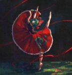  1girl arm_ribbon barefoot black_background bow dancing front_ponytail full_body ge_dazuo green_hair hair_bow hair_ribbon highres kagiyama_hina long_ribbon long_skirt on_grass puffy_short_sleeves puffy_sleeves red_bow red_ribbon red_skirt ribbon short_sleeves skirt solo touhou 