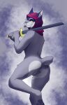 anthro anus asuri_(brawlhalla) brawlhalla butt felid feline female fur genitals grey_body grey_fur hi_res holding_katana holding_object holding_sword holding_weapon hood hood_only katana looking_at_viewer looking_back looking_back_at_viewer lynx mammal melee_weapon nude pussy ququqee399e short_tail solo sword tail weapon whiskers