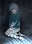  bad_id bad_pixiv_id barefoot blush chain child covering cuffs kakumeiki_valvrave knife l-elf male_focus prisoner purple_eyes shackles silver_hair sitting solo tsumuji_(potato_chip) weapon younger 