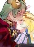  2girls blonde_hair blush closed_eyes closed_mouth commentary_request crown dark-skinned_female dark_skin earrings fire_emblem fire_emblem_heroes fjorm_(fire_emblem) from_side green_hair hair_ornament highres jewelry laegjarn_(fire_emblem) multiple_girls sakuramotikun short_hair simple_background smile white_background yuri 