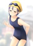  1girl black_hair black_one-piece_swimsuit brown_eyes commission flat_chest goggles goggles_on_head highres leaning_forward looking_at_viewer old_school_swimsuit one-piece_swimsuit original pixiv_commission school_swimsuit shibacha solo swim_cap swimsuit waving white_towel 