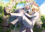  2boys black_bow black_bowtie black_footwear black_necktie black_pants black_socks blonde_hair blue_eyes blue_shirt blue_sky blush bouquet bow bowtie carrying cloud cloud_strife cloudy_sky collared_shirt day dress_shirt dress_shoes earrings eilinna final_fantasy final_fantasy_vii flower foliage gloves green_eyes grey_hair hand_on_another&#039;s_back hand_on_another&#039;s_leg hand_on_another&#039;s_shoulder jewelry long_bangs long_hair looking_to_the_side male_focus multiple_boys necktie open_mouth outdoors pants parted_bangs pink_flower princess_carry purple_flower ribbon rose sephiroth shirt short_hair sky smile socks spiked_hair standing stud_earrings suit teeth upper_teeth_only very_long_hair wedding white_flower white_gloves white_ribbon white_rose white_suit yaoi 