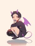  1boy adachi_tooru aged_down black_footwear black_hair black_suit bright_pupils brown_eyes candy demon_horns demon_tail demon_wings food formal highres horns jacket lollipop long_sleeves looking_at_viewer male_focus narukami_yuu persona persona_4 purple_horns purple_tail purple_wings reflection shirt short_hair shorts socks solo suit tail tedty33 white_pupils white_socks wings 