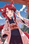  1girl ahoge animal_ears blue_kimono blue_sky bush cloud commentary_request cowboy_shot day flower fox_ears fox_girl fox_tail hand_on_own_hip hand_up haori highres jacket japanese_clothes kimono light_blush long_hair looking_at_viewer obi open_mouth original outdoors red_eyes red_hair red_ribbon red_tail ribbon sash sidelocks sky solo standing tail waving white_jacket yukinagi 