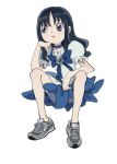  1girl :o bare_arms bare_legs black_hair blue_bow blue_bowtie blue_choker blue_eyes blue_gemstone blue_skirt bow bowtie choker commentary_request full_body gem grey_footwear head_rest heartcatch_precure! kurumi_erika long_hair looking_to_the_side open_mouth precure puffy_short_sleeves puffy_sleeves shirt shoes short_sleeves sitting skirt sneakers sokoko solo white_shirt 