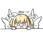  1girl ahoge angel angel_wings bio_iru blonde_hair blue_eyes blush_stickers chibi commentary crossed_bangs embarrassed hair_between_eyes looking_down motion_lines open_mouth shirayuki_noa simple_background solo surprised tenshi_souzou_re-boot! translated two_side_up wavy_mouth white_background white_wings wing_hair_ornament wings 