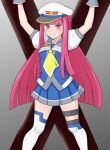  arms_up asymmetrical_legwear bdsm blue_serafuku blunt_bangs blunt_ends blunt_sidelocks blush bondage bound braid crucifixion gradient_background grey_background grey_sailor_collar grimace hat highres long_hair looking_at_viewer neckerchief peaked_cap pink_eyes pink_hair pleated_skirt puffy_sleeves restrained sailor_collar sawamura_(sawamura0510) school_uniform serafuku sidelocks simple_background skirt st._andrew&#039;s_cross sumire_(pop&#039;n_music) sweat thigh_strap thighhighs very_long_hair white_thighhighs yellow_neckerchief 