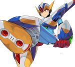  1boy 1girl 7123ks android armor falcon_armor_x_(mega_man) forehead_jewel from_below full_body green_eyes highres looking_at_viewer male_focus mechanical_wings mega_man_(series) mega_man_x_(series) shoulder_armor sitting solo white_armor white_footwear white_helmet wings x_(mega_man) 