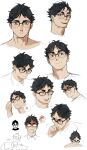  1boy absurdres adjusting_eyewear akaashi_keiji black_eyes black_hair censored chengongzi123 closed_eyes closed_mouth commentary_request covering_own_mouth glasses grey_eyes grin haikyuu!! hand_over_own_mouth highres looking_at_viewer male_focus mosaic_censoring multiple_views open_mouth portrait saliva shaded_face short_hair simple_background smile thought_bubble translation_request very_short_hair white_background 