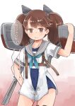  1girl aqua_neckerchief arrow_(symbol) blue_one-piece_swimsuit brown_eyes brown_hair chest_harness commentary_request cosplay covered_navel enjaku_izuku fang gradient_background grey_sailor_collar harness headgear highres i-36_(kancolle) i-36_(kancolle)_(cosplay) kantai_collection long_hair looking_at_viewer machinery name_tag neckerchief old_school_swimsuit one-piece_swimsuit pink_background ryuujou_(kancolle) sailor_collar sailor_shirt school_swimsuit shirt skin_fang solo standing swimsuit swimsuit_under_clothes twintails white_background 