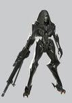  claws full_body green_eyes grey_background gun highres hood looking_at_viewer machinery no_humans original pump_(pumpqmuq) reverse_jointed_legs rifle robot simple_background solo standing weapon 