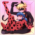  adrien_agreste animal_ears bell black_bodysuit black_mask blonde_hair blue_eyes blue_hair blush bodysuit cat_boy cat_ears highres jingle_bell ladybug_(character) maplebellll marinette_dupain-cheng miraculous_ladybug red_bodysuit red_mask short_twintails slit_pupils smile stuck superhero_costume twintails yellow_eyes 