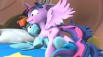  3d bed blue_fur cutie_mark equine female feral friendship_is_magic fruitymilk fur grin hair horn horse inside mammal multi-colored_hair my_little_pony pegasus pillow pony purple_eyes purple_fur purple_hair rainbow_dash_(mlp) rainbow_hair rainbow_tail twilight_sparkle_(mlp) winged_unicorn wings 