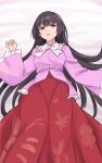  1girl black_hair bow bowtie commentary highres houraisan_kaguya kakone long_hair long_sleeves looking_at_viewer one-hour_drawing_challenge open_mouth pink_shirt red_eyes red_skirt shirt simple_background skirt solo touhou white_bow white_bowtie 