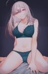  1girl ahoge blush bra breasts frilled_bra frills gomo green_bra green_panties grey_hair hair_over_one_eye highres lace-trimmed_bra lace_trim large_breasts lingerie long_hair looking_at_viewer mole mole_under_eye navel nijisanji open_mouth panties pink_eyes simple_background solo sukoya_kana underwear underwear_only virtual_youtuber 