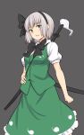  1girl black_hairband breasts commentary ghost_print green_eyes green_skirt green_vest grey_hair hairband hand_on_own_hip highres kakone konpaku_youmu looking_at_viewer multiple_swords one-hour_drawing_challenge parted_lips shirt short_hair short_sleeves simple_background skirt solo sword sword_behind_back touhou vest weapon white_shirt 
