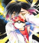  1boy black_hair crossed_bangs gloves hair_between_eyes hairband holding jacket kieran_(pokemon) long_sleeves looking_at_viewer male_focus multicolored_hair open_clothes open_jacket orange_eyes partially_fingerless_gloves poke_ball poke_ball_(basic) pokemon pokemon_sv purple_hair red_gloves red_hair red_tank_top simple_background single_glove solo tank_top tears upper_body urano_ritsu white_jacket 