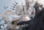  1boy 1girl ameshiki charles-henri_sanson_(fate) coat face-to-face fate/grand_order fate_(series) gradient_background grey_hair hands_on_another&#039;s_face hat highres jacket long_hair marie_antoinette_(alter)_(fate) marie_antoinette_(fate) sleeves_past_fingers sleeves_past_wrists twintails white_jacket yellow_eyes 