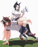  2girls absurdres animal_ears arm_behind_back black_hair black_socks blue_shorts bojue_(hakus_1128) breasts brown_hair buruma closed_eyes closed_mouth commentary_request crossed_legs earrings exercise grass highres holding holding_megaphone horse_ears horse_girl horse_tail jewelry large_breasts lying megaphone mejiro_ramonu_(umamusume) multicolored_hair multiple_girls on_back purple_eyes push-ups shadow shirt shoes short_hair shorts simple_background single_earring sitting sitting_on_person sneakers socks streaked_hair sweat symboli_rudolf_(umamusume) tail umamusume white_background white_shirt 