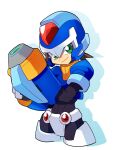  1boy arm_cannon armor blue_helmet blue_jacket brown_hair cowboy_shot cropped_jacket crotch_plate forehead_jewel green_eyes highres jacket looking_at_viewer mega_man_(series) mega_man_zx model_x_(mega_man) omeehayo power_armor short_hair simple_background solo spiked_hair vent_(mega_man) weapon white_background 
