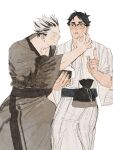  2boys akaashi_keiji animal_print bird_print black_hair bokuto_koutarou brown_kimono chengongzi123 colored_eyelashes commentary cowboy_shot facing_another food food_on_face glasses grey_hair grin haikyuu!! hand_on_another&#039;s_face hand_up hands_up highres holding holding_food index_finger_raised japanese_clothes kimono kinchaku long_sleeves male_focus multicolored_hair multiple_boys onigiri open_mouth owl_print pouch rice rice_on_face short_hair simple_background smile streaked_hair striped_clothes striped_kimono symbol-only_commentary thick_eyebrows very_short_hair walking white_background wide_sleeves wiping_face 