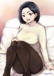  1girl absurdres bed_sheet black_hair boku_no_kokoro_no_yabai_yatsu breasts brown_eyes brown_pantyhose earrings hair_behind_ear highres jewelry large_breasts long_sleeves looking_at_viewer mature_female open_mouth pantyhose pillow ribbed_sweater shijuuichi short_hair sitting solo sweater thighs twitter_username white_sweater yamada_sanae_(bokuyaba) 