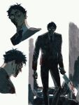  1boy akaashi_keiji alley black_eyes black_hair black_necktie blood blood_on_clothes blood_on_face blood_on_hands blood_on_weapon chengongzi123 closed_mouth collared_shirt commentary corpse feet_out_of_frame glasses green_background haikyuu!! highres long_sleeves looking_at_viewer machete male_focus murder necktie outdoors portrait shirt short_hair standing suit symbol-only_commentary very_short_hair walking weapon 
