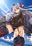  :&lt; amatsukaze_(kantai_collection) ass_visible_through_thighs black_panties brown_eyes choker closed_mouth dress garter_straps hand_on_thigh kantai_collection long_hair looking_at_viewer o_o ocean panties pantyshot pantyshot_(standing) rensouhou-kun sailor_dress short_dress silver_hair standing thighhighs tsuuhan underwear v-shaped_eyebrows 