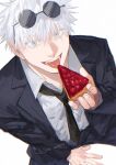  1boy black_jacket black_pants black_suit blue_eyes cake cake_slice ccccc_(jpn_m0) colored_eyelashes eyewear_on_head food formal gojou_satoru highres holding holding_cake holding_food incoming_food jacket jujutsu_kaisen looking_at_viewer male_focus necktie open_mouth pants round_eyewear shirt short_hair smile solo suit sunglasses tongue tongue_out twitter_username white_hair white_shirt 