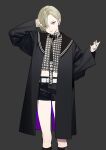  1boy absurdres arms_up belt bishounen black_choker black_coat black_sailor_collar black_shorts blonde_hair choker closed_mouth coat collared_shirt crop_top ear_piercing earrings grey_shirt grid_print hand_on_own_face head_tilt highres jewelry kazari_tayu kneehighs knees long_sleeves looking_at_viewer male_focus original piercing purple_eyes ring sailor_collar shirt short_hair shorts simple_background socks solo standing strap swept_bangs thighs upper_body white_belt 