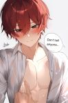  2boys abs alticute alticute_(vtuber) blush closed_mouth english_text hair_between_eyes highres indie_virtual_youtuber male_focus multiple_boys muscular muscular_male open_clothes open_shirt red_eyes red_hair short_hair speech_bubble wet yaoi 