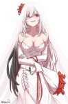  1girl bidortw black_hair bouquet breasts bridal_veil chinese_commentary cleavage commentary_request contrapposto dress earendel_(jishenkong_jihua) elbow_gloves flower gloves gradient_hair hair_flower hair_ornament hair_over_one_eye highres holding holding_bouquet jishenkong_jihua large_breasts long_hair multicolored_hair red_eyes smile solo strapless strapless_dress twitter_username veil very_long_hair virtual_youtuber wedding_dress white_dress white_gloves white_hair 