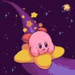 :d blue_eyes blush blush_stickers commentary english_commentary highres kirby kirby_(series) lying no_humans on_stomach open_mouth pixel_pit planet pop_star riding sky smile solo space star_(sky) star_(symbol) starry_sky warp_star 