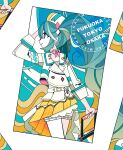  1girl aqua_hair blonde_hair buttons choker closed_mouth cowboy_shot gradient_hair hand_up hatsune_miku highres holding jacket long_hair long_sleeves looking_to_the_side machigami_yoh magical_mirai_(vocaloid) magical_mirai_miku_(2024) multicolored_hair outside_border pleated_skirt shorts shorts_under_skirt skirt smile solo standing twintails very_long_hair vocaloid white_hat white_jacket yellow_skirt 