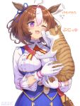  1girl 1other :3 ahoge animal animal_ears blue_dress blush breasts brown_hair cat cat_on_person dress ear_ribbon gloves hair_between_eyes hairband hand_on_another&#039;s_cheek hand_on_another&#039;s_face highres holding holding_animal holding_cat horse_ears horse_girl horseshoe_print large_breasts long_sleeves meisho_doto_(umamusume) meto_(cat) multicolored_hair one_eye_closed open_mouth pink_hairband purple_eyes shirt short_hair suga_masashi tail translation_request two-tone_hair umamusume whiskers white_gloves white_hair 
