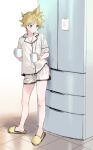  1boy blonde_hair blue_eyes collared_shirt cup dolphin_shorts full_body highres holding holding_cup kagamine_len legs looking_down male_focus naoko_(naonocoto) pajamas refrigerator shirt short_hair short_ponytail shorts slippers solo tile_floor tiles vocaloid white_pajamas white_shirt yellow_footwear 