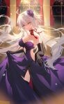  1girl absurdres bare_shoulders black_gloves breasts cleavage dress elbow_gloves fate/grand_order fate_(series) gloves grey_hair highres jeanne_d&#039;arc_alter_(avenger)_(fate) jeanne_d&#039;arc_alter_(fate) large_breasts long_hair looking_at_viewer purple_dress smile solo very_long_hair yellow_eyes youling_keke 