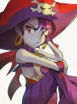  1girl bare_shoulders blue_skin closed_mouth colored_skin earrings eyelashes hand_on_own_head hat highres hoop_earrings jaibus jewelry looking_to_the_side pants pirate_hat purple_hair purple_pants red_eyes red_hat risky_boots shantae_(series) skull_and_crossbones solo white_background 