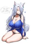  1girl animal_ear_fluff animal_ear_piercing animal_ears aqua_nails arknights babydoll bare_shoulders black_choker black_panties blue_babydoll breasts cat_ears cat_girl cat_tail choker cleavage english_text fangs_(fangs_art) fingernails full_body grey_hair grey_tail hair_over_one_eye heart highres huge_breasts jewelry long_hair looking_at_viewer nail_polish navel necklace one_eye_covered panties santalla_(arknights) sharp_fingernails simple_background sitting smile solo speech_bubble tail underwear white_background yellow_eyes yokozuwari 