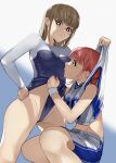  2girls ao_no_hako_(wsj) athletic_leotard black_eyes breasts brown_hair chono_hina cosplay costume_switch eye_contact hand_on_own_hip highres kano_chinatsu leotard lifting_another&#039;s_clothes long_hair looking_at_another multiple_girls red_hair shorts small_breasts white_wristband yuki_tarou 