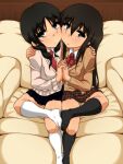  2girls amakusa_shino black_eyes black_hair black_socks blazer bow bowtie braid brown_hair cardigan feet full_body hair_between_eyes hand_on_another&#039;s_shoulder holding_hands interlocked_fingers jacket kakoogan kneehighs long_hair long_sleeves looking_at_viewer medium_hair multiple_girls open_mouth plaid plaid_skirt pleated_skirt red_bow red_bowtie red_tie school_uniform seitokai_yakuindomo sidelocks sitting skirt socks twin_braids uomi_chihiro white_socks 