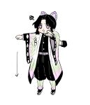  1girl 1other animal_print belt black_hair black_pants black_skirt breasts butterfly_hair_ornament butterfly_print demon_slayer_uniform full_body hair_ornament haori highres holding jacket japanese_clothes kimetsu_no_yaiba kochou_shinobu lifting_person long_sleeves looking_at_viewer multicolored_hair ohagi_0909 pants parted_bangs purple_eyes purple_hair sandals short_hair skirt white_background white_belt 