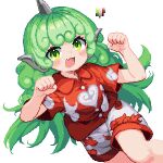  1girl 999_(hansode) :d cloud_print color_guide commentary_request curly_hair feet_out_of_frame green_eyes green_hair hands_up highres horns kariyushi_shirt komainu_ears komano_aunn long_hair looking_at_viewer open_mouth paw_pose pixel_art red_shirt red_shorts shirt short_sleeves shorts simple_background single_horn smile solo touhou two-tone_shirt two-tone_shorts very_long_hair white_background white_shirt white_shorts 